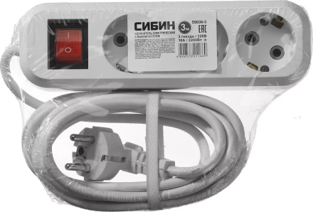 Удлинитель СИБИН электрический, ПВС сечение 0,75кв мм, 3 гнезда, макс мощн 2200Вт, 3м, заземление, выключатель 55036-3 купить в Кургане