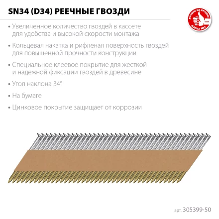 ЗУБР SN34 (D34) 50 х 2.8 мм, реечные гвозди рифленые оцинкованные, 5000 шт (305399-50) купить в Кургане