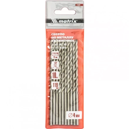 Сверло по металлу 4,0 х 119 мм полированное удлиненное HSS 10 штук цилиндрический хвостовик MATRIX 715040 купить в Кургане