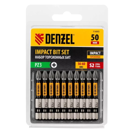 Бита IMPACT, PZ3x50 мм, лазерная обработка шлица, сталь S2, 10 шт., Е 6,3 Denzel 11693 купить в Кургане