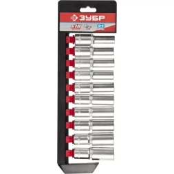 Набор ЗУБР "МАСТЕР": Торцовые головки (1/2") удлиненные на пластиковом рельсе, Cr-V, 10-19мм, 10 предметов 27653-H10