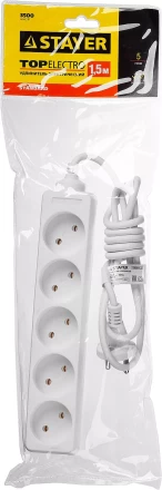 Удлинитель &quot;TOPELECTRO&quot; электрический, ПВС 2х1мм2, 5 гнезд, 3500 Вт, 1.5м, STAYER 55050-1.5 купить в Кургане