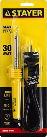 Паяльник MAXTerm с пластмассовой рукояткой, жало - конус, STAYER 55305-30, 30 Вт 55305-30 купить в Кургане