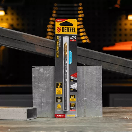 Сверло спиральное по металлу Denzel, 7,5 х 156 мм, Р6М5, Golden Tip, удлиненное, 718259 купить в Кургане