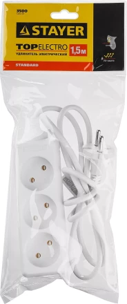 Удлинитель &quot;TOPELECTRO&quot; электрический, ПВС 2х1мм2, 3 гнезда, 3500 Вт, 1.5м, STAYER 55030-1.5 купить в Кургане