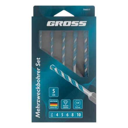 Набор сверл универсальных Gross 706017, Multipurpose PRO, 6-гр. хвостовик, 4-10мм, 5шт купить в Кургане