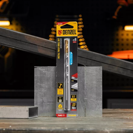 Сверло спиральное по металлу Denzel, 8 х 165 мм, Р6М5, Golden Tip, удлиненное, 718260 купить в Кургане