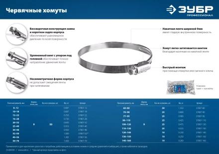 ЗУБР Х-9Н, 120 - 140 мм, накатная лента 9 мм, цинк, 10 шт, червячный хомут (37807-140) купить в Кургане