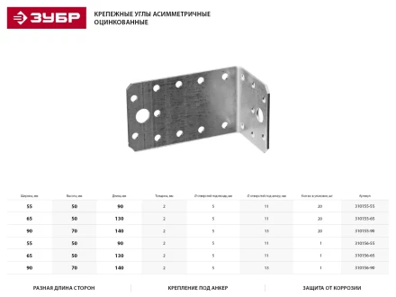 Крепежный уголок ЗУБР &quot;МАСТЕР&quot; асимметричный, 90х70х140мм, 1шт 310156-90 купить в Кургане