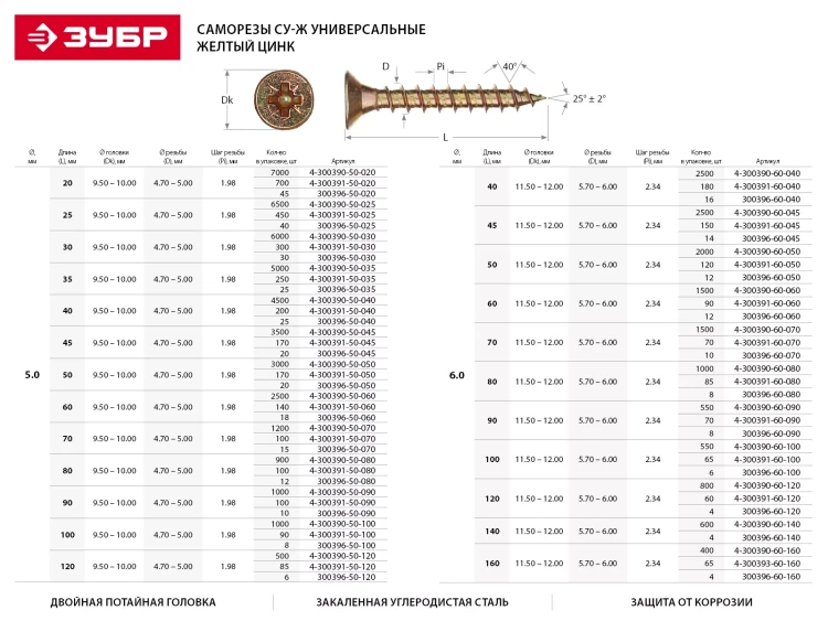 Шурупы ЗУБР "МАСТЕР" по дереву желтопассивированные, 5.0x80мм, 100шт 4-300391-50-080 купить в Кургане