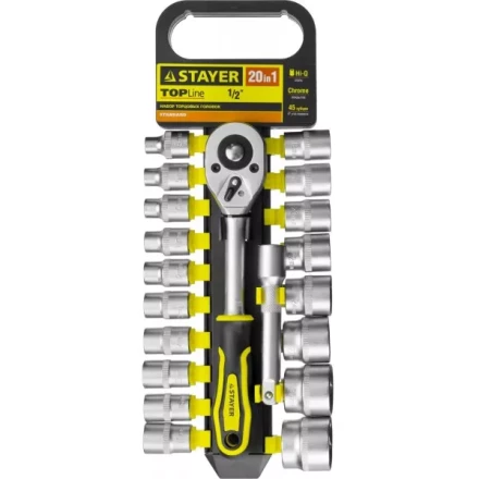Набор STAYER &quot;STANDARD&quot;: Торцовые головки (1/2&quot;) на пластиковом рельсе, трещотка, удлинитель, 8-32мм, 20 предметов 27750-H20 купить в Кургане