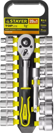 Набор STAYER &quot;STANDARD&quot;: Торцовые головки (1/2&quot;) на пластиковом рельсе, трещотка, удлинитель, 8-32мм, 20 предметов 27750-H20 купить в Кургане