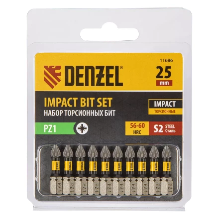 Бита IMPACT, PZ1x25 мм, лазерная обработка шлица, сталь S2, 10 шт., Е 6,3 Denzel 11686 купить в Кургане