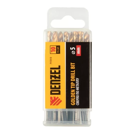 Сверло по металлу Denzel, 5 мм, HSS-Tin, Golden Tip, набор 10 шт., 717213 купить в Кургане