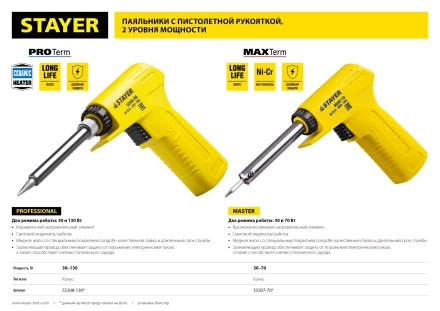 Паяльник с пистолетной пластмассовой рукояткой, STAYER &quot;PROFI&quot; PROTerm, 55308-130, 30 - 130 Вт, с керамическим нагревательным элементом 55308-130 купить в Кургане