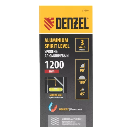 Уровень алюминиевый Denzel 33694, магнит, фрезерованный, 3 глазка (1 зеркал.), 0,5 мм/м, 1200 мм купить в Кургане