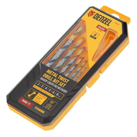 Набор сверл по металлу Denzel, 2-8мм, Р6М5-TiN, Golden Tip, 6 шт, 723000 купить в Кургане