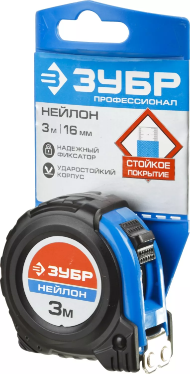 Рулетка ЗУБР "НЕЙЛОН", нейлоновое покрытие, упрочненное полотно, ударопрочный обрезиненный корпус, 3м/16мм 34056-03-16_z01 купить в Кургане