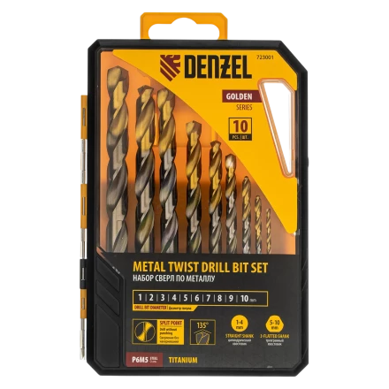 Набор сверл по металлу Denzel 723001, 1-10 мм, Р6М5-TiN, Golden Tip, 10 шт купить в Кургане