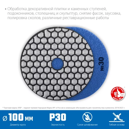 ЗУБР 100 мм, №30, сухое шлифование, алмазный гибкий шлифовальный круг АГШК, Профессионал (29868-030) купить в Кургане