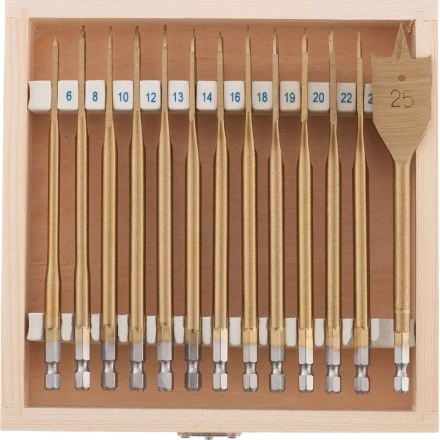 Набор сверл перовых по дереву 6-8-10-12-13-14-16-18-19-20-22-24-25 мм 13 штук деревянный кейс MATRIX 70442 купить в Кургане
