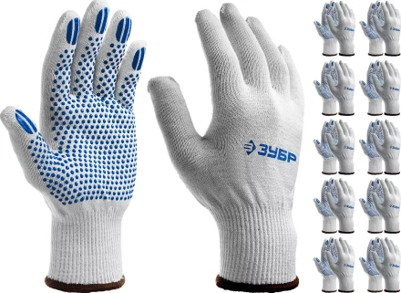 ЗУБР ТОЧКА+, L-XL, х/б перчатки с покрытием из ПВХ-геля, противоскользящие, точки увеличенного размера, 13 класс, 10 пар, Профессионал (11451-K10) купить в Кургане