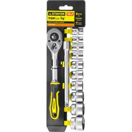 Набор STAYER &quot;STANDARD&quot;: Торцовые головки (3/8&quot;) на пластиковом рельсе, трещотка, удлинитель, 10-24мм, 12 предметов 27752-H12 купить в Кургане