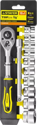 Набор STAYER &quot;STANDARD&quot;: Торцовые головки (3/8&quot;) на пластиковом рельсе, трещотка, удлинитель, 10-24мм, 12 предметов 27752-H12 купить в Кургане