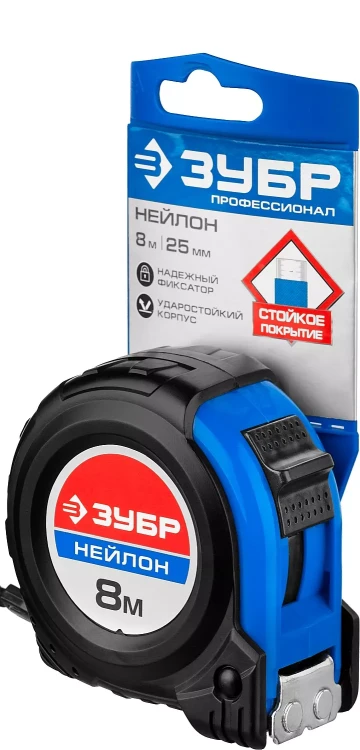 Рулетка ЗУБР "НЕЙЛОН", нейлоновое покрытие, упрочненное полотно, ударопрочный обрезиненный корпус, 8м/25мм 34056-08-25_z01 купить в Кургане