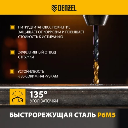 Набор сверл по металлу Denzel 723003, 1-10 мм, Р6М5-TiN, Golden Tip, 19 шт купить в Кургане