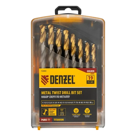 Набор сверл по металлу Denzel 723003, 1-10 мм, Р6М5-TiN, Golden Tip, 19 шт купить в Кургане