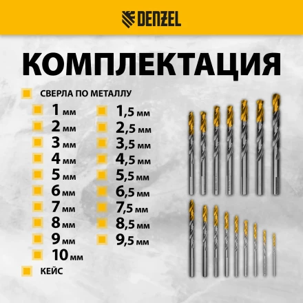 Набор сверл по металлу Denzel 723003, 1-10 мм, Р6М5-TiN, Golden Tip, 19 шт купить в Кургане