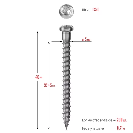 ЗУБР СПК, 40 х 5 мм, TX20, цинк, 200 шт, саморез для перфорированного крепежа, Профессионал (30061-50-40) купить в Кургане