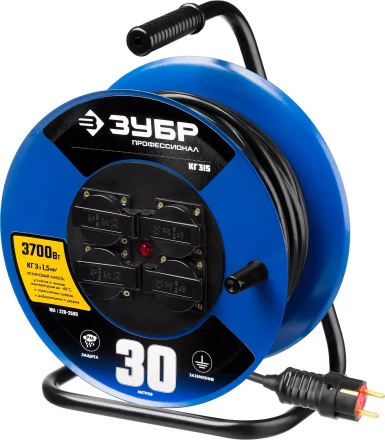 Удлинитель на катушке &quot;КГ 315&quot;, 30 м, 3700 Вт, 4 гнезда, IP44, КГ 3х1,5 кв мм, ЗУБР 55080-30 купить в Кургане