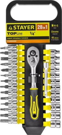 Набор STAYER &quot;STANDARD&quot;: Торцовые головки, биты-головки (1/4&quot;) на пластик рельсе, трещотка, удл-тель, 4-13мм, 28 пр. 27754-H28 купить в Кургане