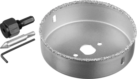 Коронка-чашка ЗУБР &quot;ПРОФЕССИОНАЛ&quot; c карбид-вольфрамовым нанесением, 102 мм, высота 25 мм, в сборе с державкой и сверлом 33360-102_z01 купить в Кургане