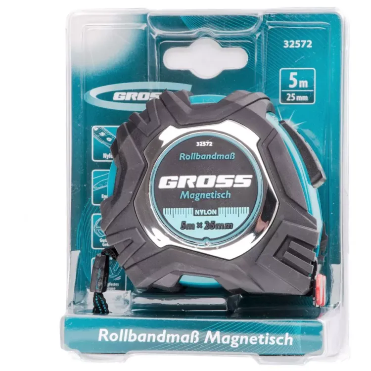 Рулетка Magnetisch 5 м х 25 мм обрезиненный корпус автоматическая фиксация Нейлоновое покрытиеытие зацеп с магнитом Gross 32572 купить в Кургане