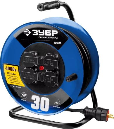 Удлинитель на катушке &quot;КГ 325&quot;, 30 м, 4000 Вт, 4 гнезда, IP44, КГ 3х2,5 кв мм, ЗУБР 55079-30 купить в Кургане