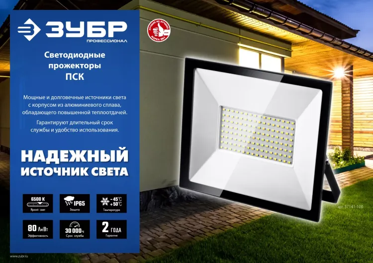 ЗУБР ПСК-50, 50 Вт, 6500 К, IP 65, светодиодный прожектор, Профессионал (57141-50) купить в Кургане