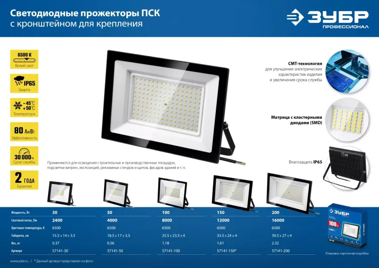 ЗУБР ПСК-50, 50 Вт, 6500 К, IP 65, светодиодный прожектор, Профессионал (57141-50) купить в Кургане