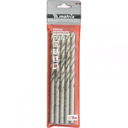 Сверло по металлу 10,0 х 184 мм полированное удлиненное HSS 5 штук цилиндрический хвостовик MATRIX 715100 купить в Кургане
