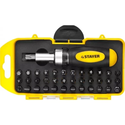 Отвертка реверсивная в наборе с битами, STAYER 2557-H38, Cr-V сталь, 38 предметов 2557-H38 купить в Кургане