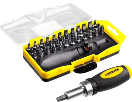 Отвертка реверсивная в наборе с битами, STAYER 2557-H38, Cr-V сталь, 38 предметов 2557-H38 купить в Кургане