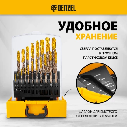 Набор сверл по металлу Denzel 723008, 1-10 мм, Р6М5К8-TiN, Golden Tip, 19 шт купить в Кургане