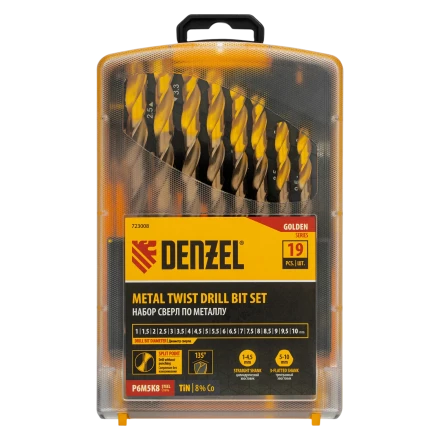 Набор сверл по металлу Denzel 723008, 1-10 мм, Р6М5К8-TiN, Golden Tip, 19 шт купить в Кургане