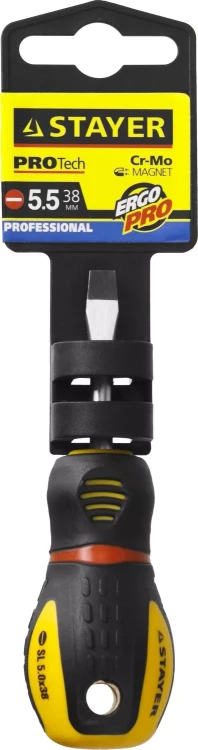 Отвертка STAYER "PROFESSIONAL" "PROTech", двухкомп рукоятка, намагниченная, Cr-Mo, SL5,5x38мм 25131-05-38_z02 купить в Кургане