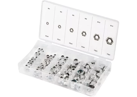 Набор гаек М4 М5 М6 М8 М10 М12 самоконтрящиеся с нейлоновой вставкой 146 предметов СИБРТЕХ 47613 купить в Кургане