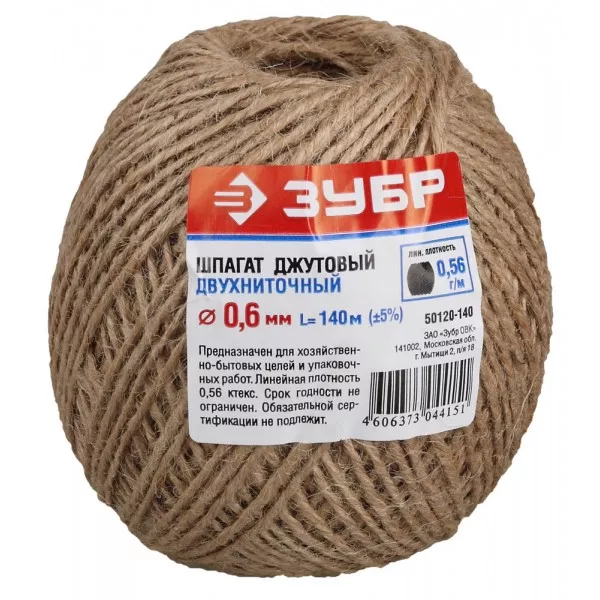 Шпагат ЗУБР джутовый 2-ниточный, d=1,2 мм, 140 м, 12 кгс, 1,12 ктекс 50120-140 купить в Кургане