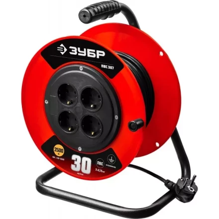 Удлинитель на катушке &quot;ПВС 307&quot;, 30 м, 2500 Вт, 4 гнезда, ПВС 3х0,75 кв мм, ЗУБР 55083-30 купить в Кургане