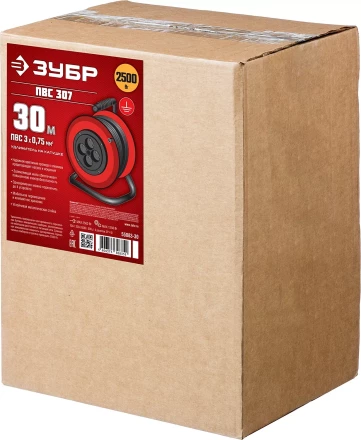 Удлинитель на катушке &quot;ПВС 307&quot;, 30 м, 2500 Вт, 4 гнезда, ПВС 3х0,75 кв мм, ЗУБР 55083-30 купить в Кургане